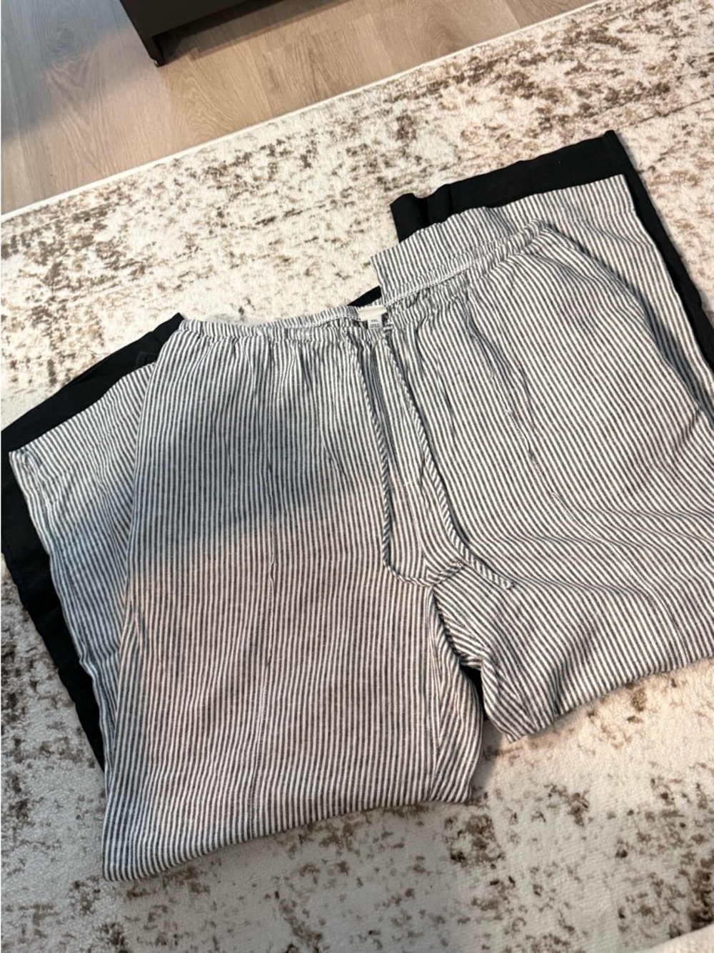 A New Day Wide Leg Linen Trousers - Black & Striped Navy